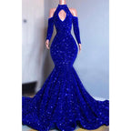 Unique High Neckline Long Sleeves Sequins Sparkly Prom Dress Black Dress for Slay