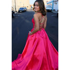 Vestido de fiesta de satén rosa con escote en V pronunciado y bolsillos 