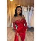 Vestido formal de fiesta largo con mangas largas y lentejuelas y escote en forma de corazón
