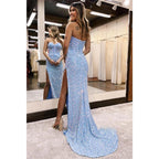 Vestido de fiesta largo con lentejuelas, sin tirantes y brillante, con abertura en la espalda 