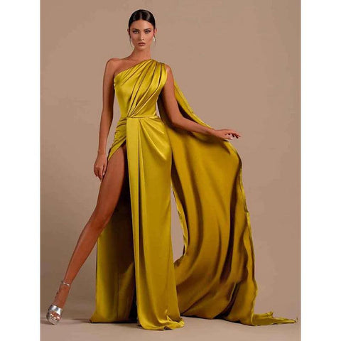 Unique One Shoulder High Split Long Formal Party Dress