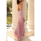 V-Neck Sleeveless Lace-Up Lace Sheath Long Prom Evening Dress With Slit