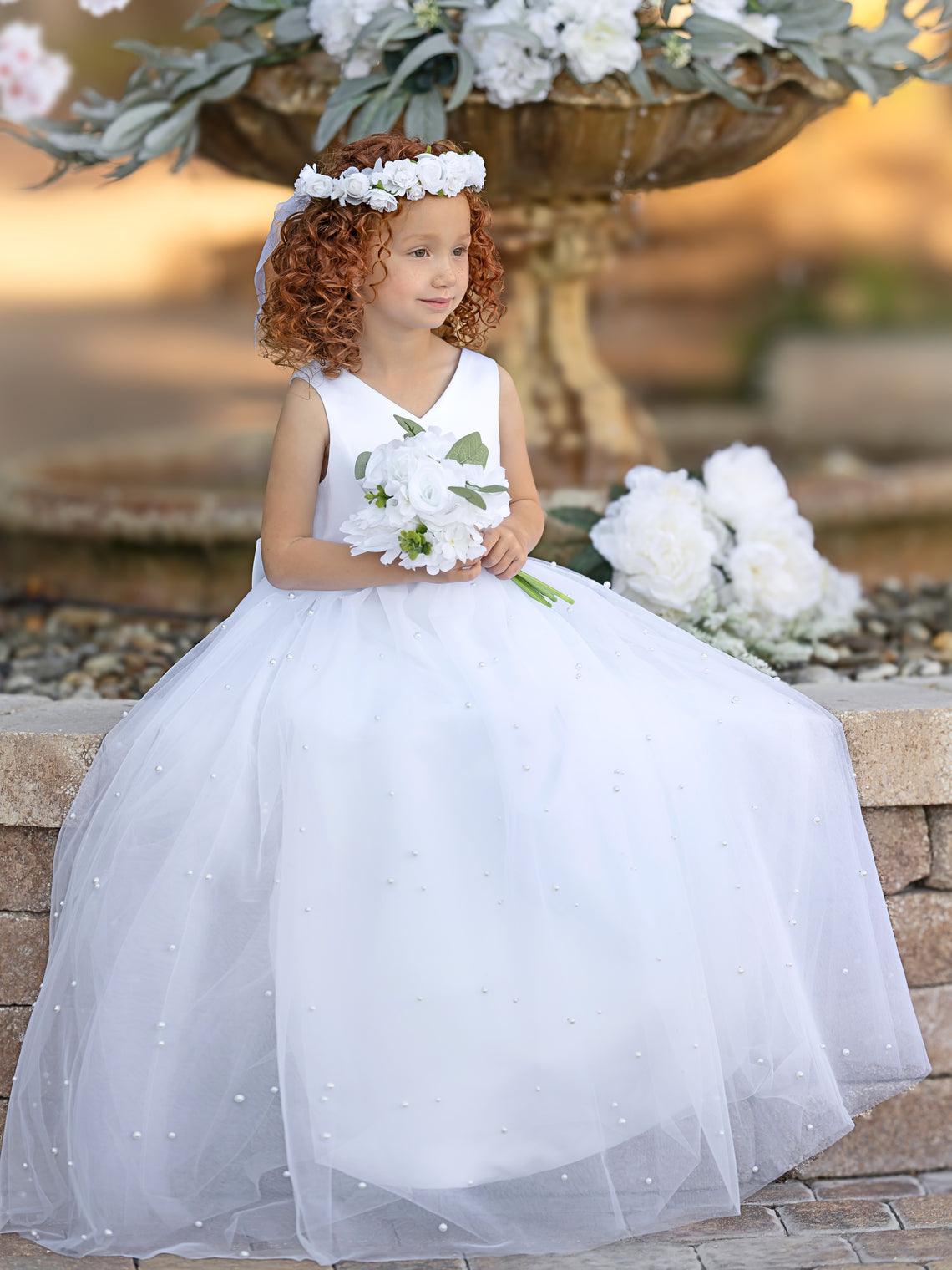 Elegante vestido de princesa de satén y tul para niña de las flores 