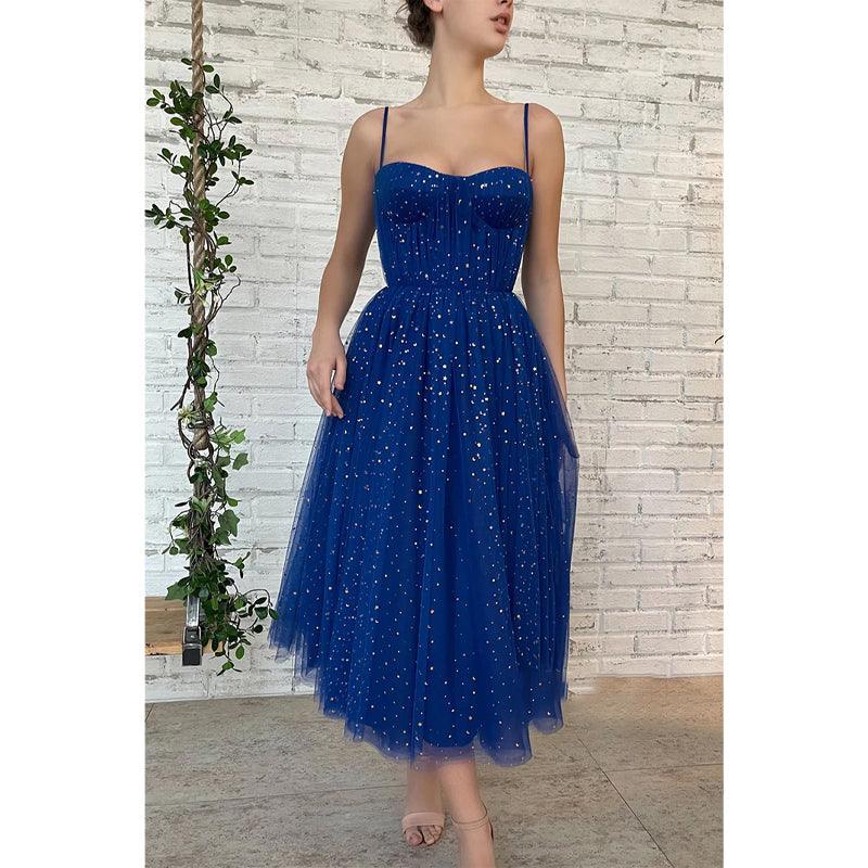 Vestido de fiesta de tul brillante con tirantes finos y estrellas, con bolsillos 