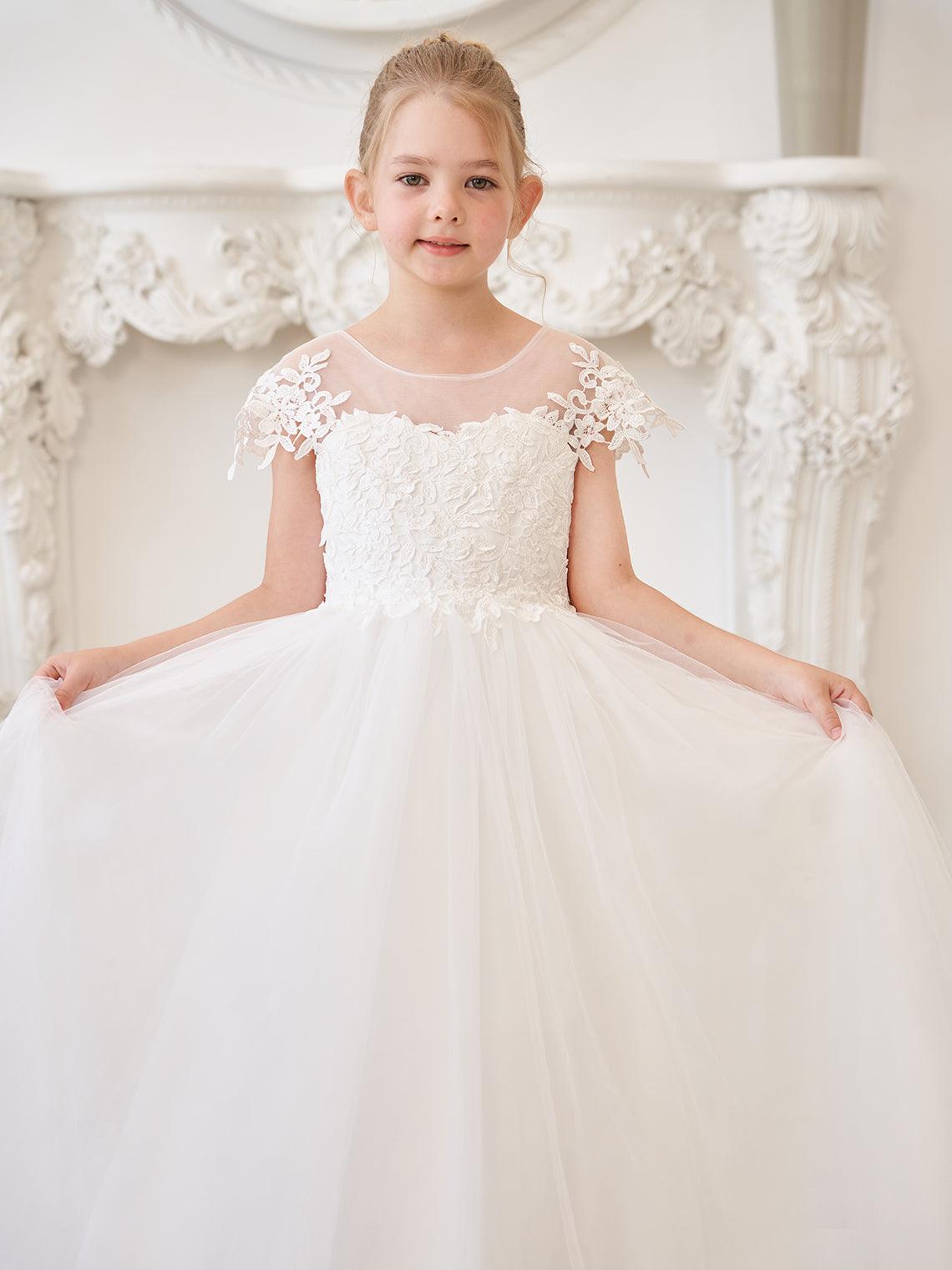 Vestido de princesa para primera comunión de niña de las flores, color marfil, con cola desmontable 