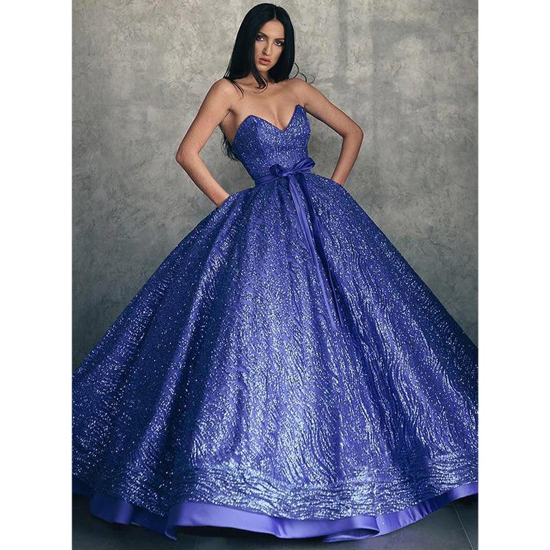 Sexy V-neck Royal Blue Long Prom Ball Gown with Pockets