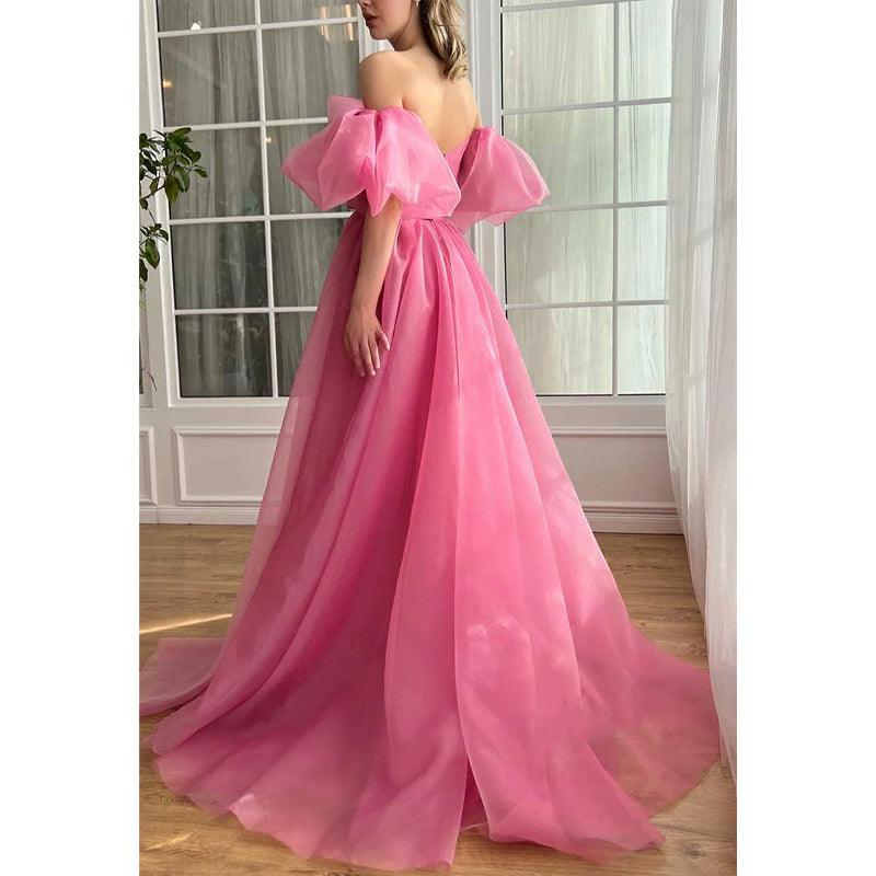 Vestido de noche de fiesta de graduación con escote en V, mangas abullonadas, corte A de tul y abertura lateral 