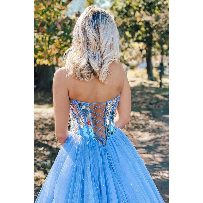 Vestido de fiesta de graduación de corte A con cuentas de tul azul cielo 