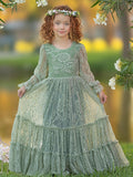 Vestido bohemio verde salvia con encaje hasta los tobillos para niña de las flores 