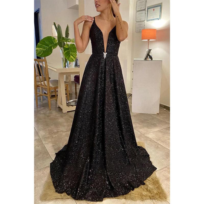 Vestido de fiesta negro brillante con escote en V pronunciado y bolsillos 
