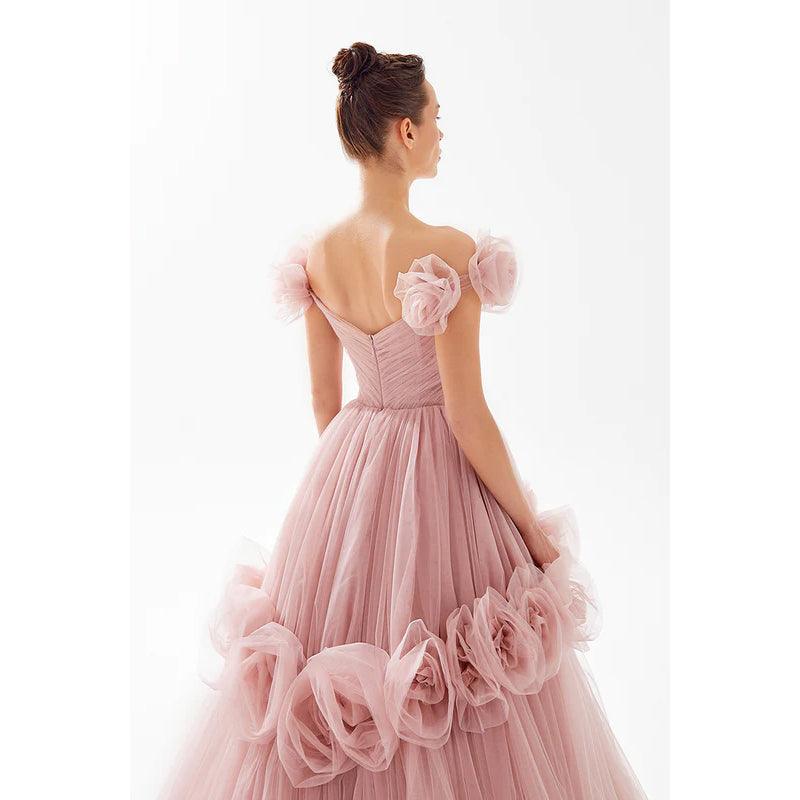 Schulterfreies Ballkleid mit V-Ausschnitt und Rüschen aus Tüll mit Blumenmuster, Abschlussball, Abendkleid