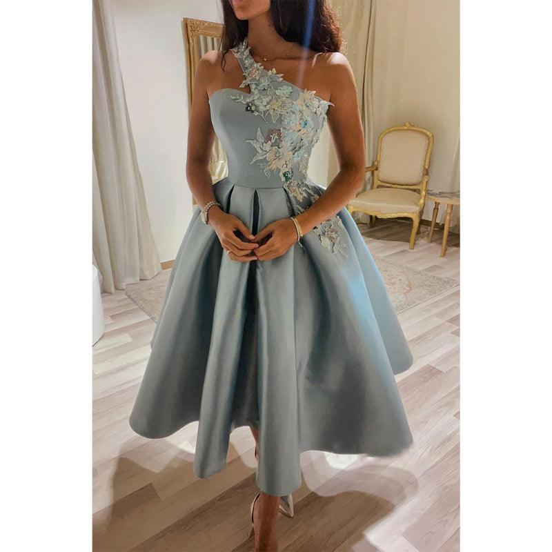 Vestido de fiesta vintage con apliques de un solo hombro único y dulce 