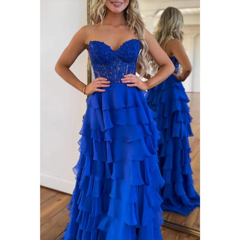 Sweetheart Strapless A-line Appliques Tiered Party Prom Evening Dress