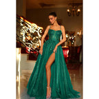 Vestido de fiesta largo de tul con tirantes finos, apliques y abertura en forma de A