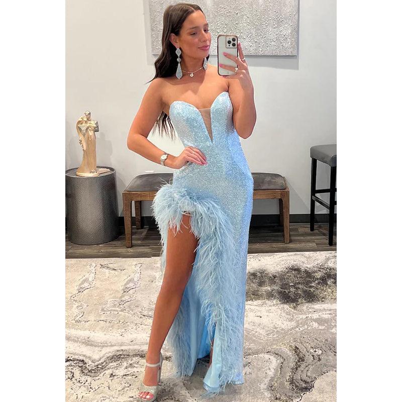 Vestido de noche formal de fiesta sin mangas con escote en V, lentejuelas y plumas