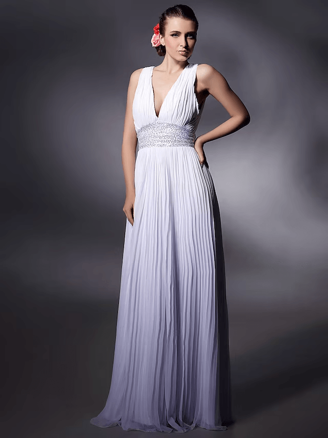 Etui-/Säulenkleid im Promi-Stil, Ballkleid, bodenlang, ärmellos, tiefer Ausschnitt, Chiffon mit Perlenbesatz, Drapierung