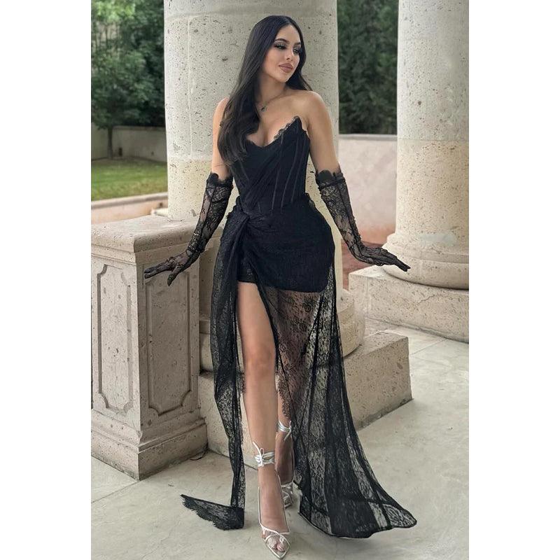 Vestido de fiesta de noche sin mangas con escote en V y apliques de encaje bordado sexy y atractivo