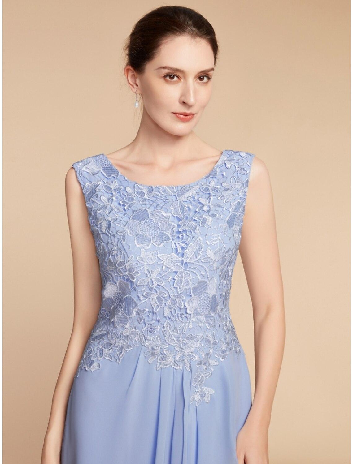 Vestido de dos piezas tipo tubo/columna para madre de la novia, elegante, pequeño, escote redondo, largo hasta la rodilla, de gasa, con encaje, media manga y fruncido, color liso.