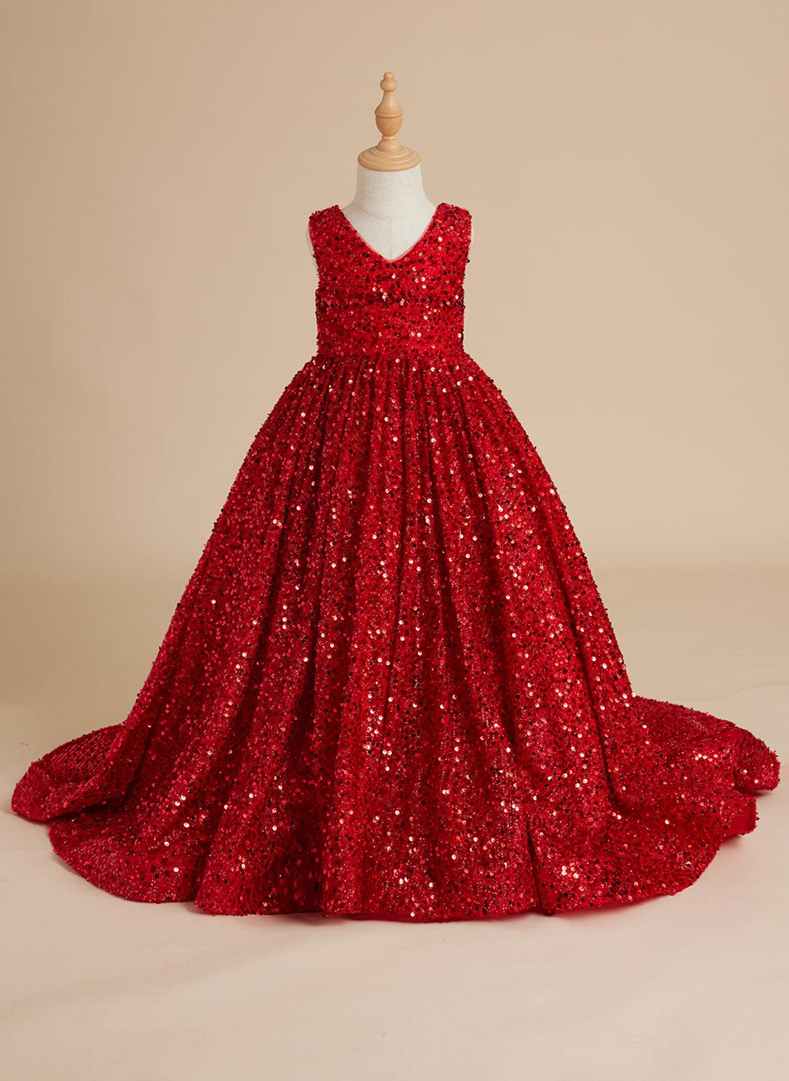 Deslumbrante vestido de princesa con lentejuelas rojas, escote en V y cola de corte para niñas 