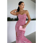 Vestido de fiesta largo sexy con escote en V y lentejuelas rosas con abertura 