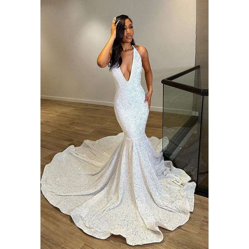 Vestido formal de noche de graduación con escote en V, sin mangas, espalda descubierta y lentejuelas, corte trompeta/sirena