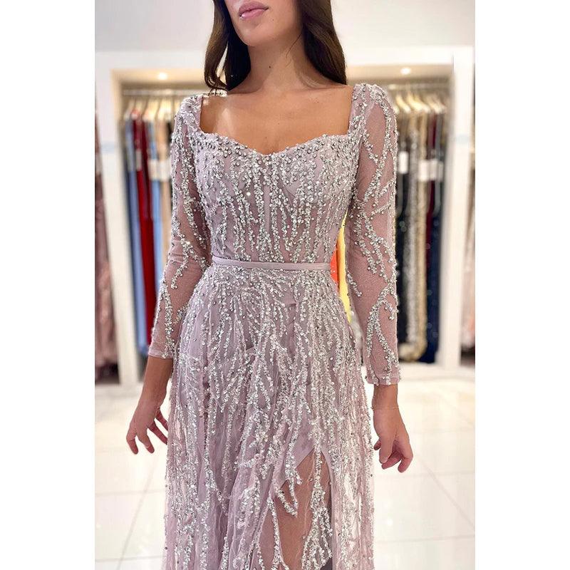 Glamouröses dramatisches quadratisches langes Ärmel funkelndes Meerjungfrau-Abschlussballkleid mit Feder