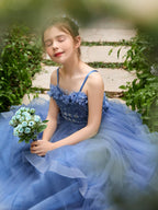 Schieferblaues ärmelloses A-Linien-Prinzessinnenkleid aus Tüll für Blumenmädchen 