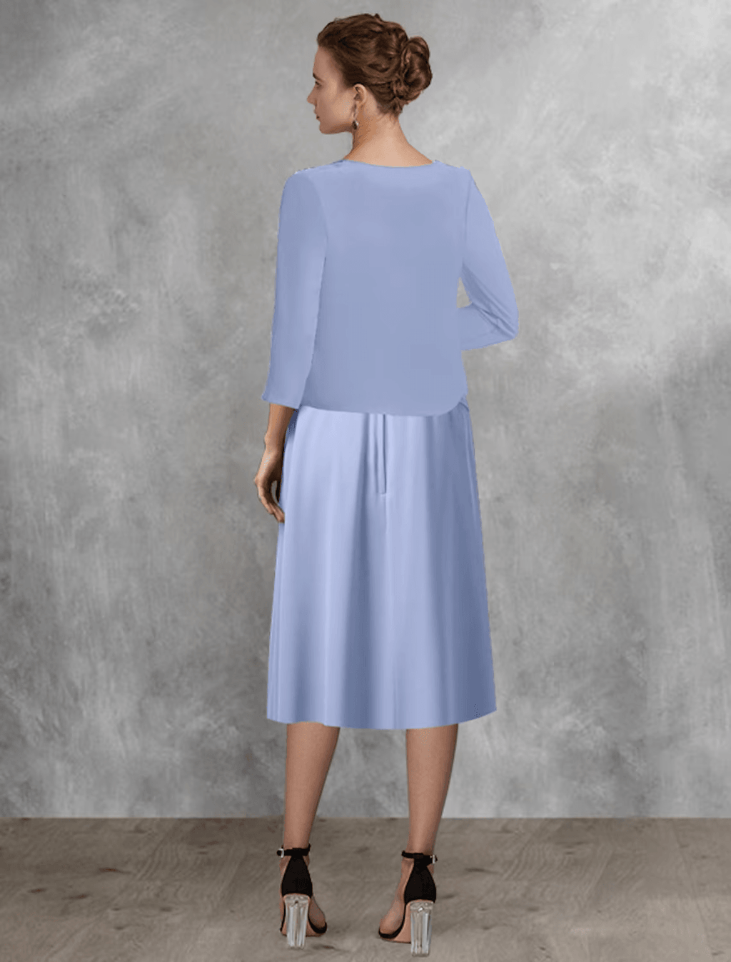Zweiteiliges A-Linien-Kleid für die Mutter der Braut, Hochzeitsgast, eleganter quadratischer Ausschnitt, wadenlang, Chiffon, Spitze, halbe Ärmel, Wickeldesign inklusive Applikationen, seitlich drapiert