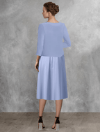 Zweiteiliges A-Linien-Kleid für die Mutter der Braut, Hochzeitsgast, eleganter quadratischer Ausschnitt, wadenlang, Chiffon, Spitze, halbe Ärmel, Wickeldesign inklusive Applikationen, seitlich drapiert