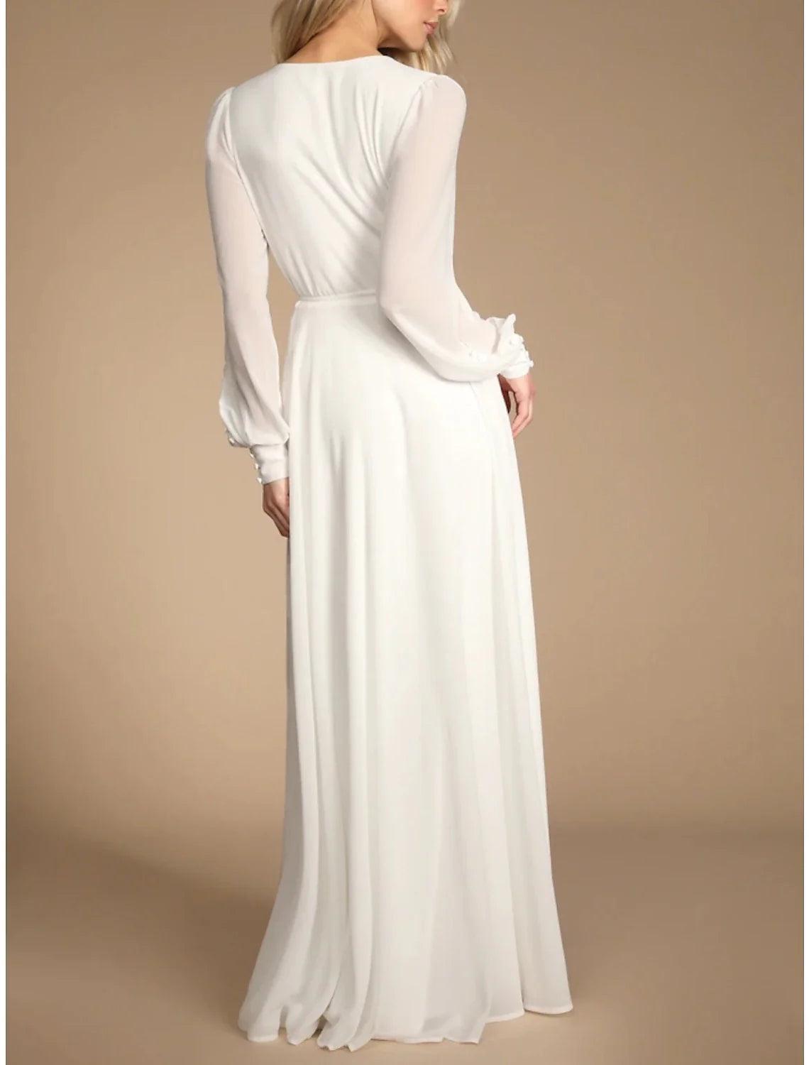 Vestidos de novia de gasa con escote en V, manga larga, largo hasta el suelo y pliegues en la parte delantera.