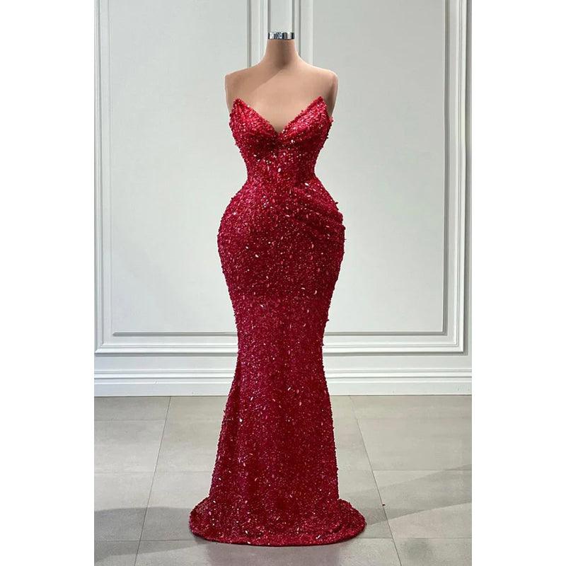 Vestido de fiesta de noche estilo sirena con escote en V y lentejuelas rojas brillantes, sin mangas