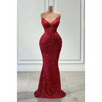 Vestido de fiesta de noche estilo sirena con escote en V y lentejuelas rojas brillantes, sin mangas