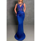 Vestido de noche para fiesta, graduación, satén, redondo, sin mangas, con pliegues y cuentas 