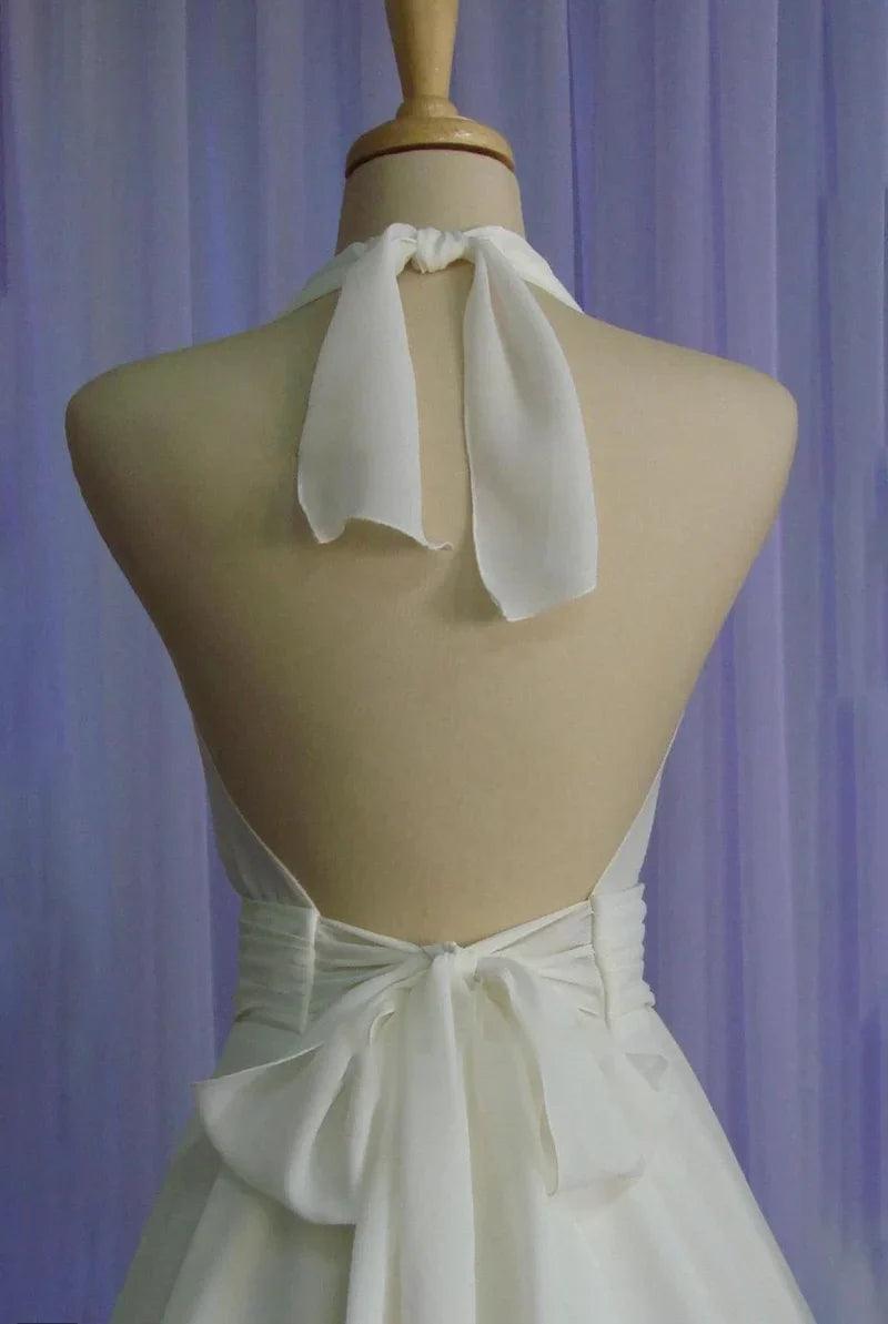 Vestido de novia vintage de gasa hasta la rodilla con cuello halter y lazo