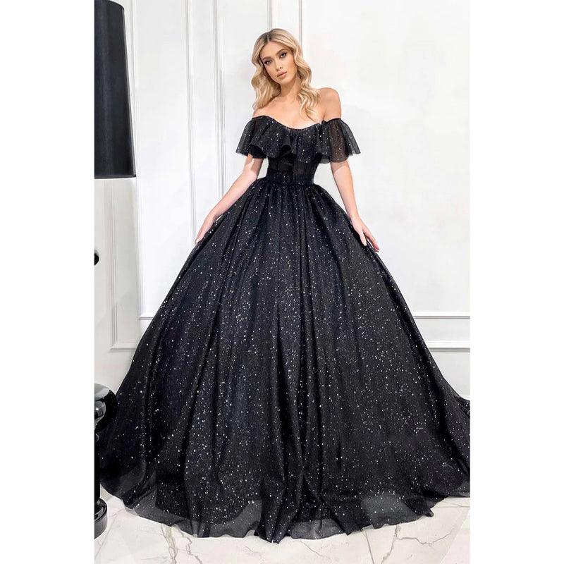 Vestido de fiesta negro brillante con hombros descubiertos único 