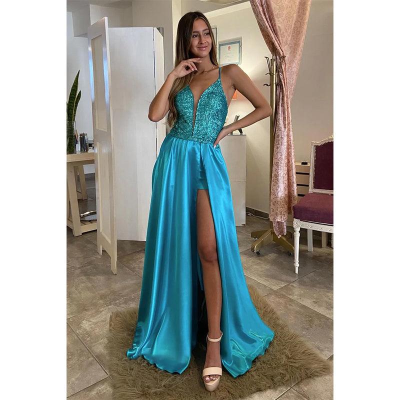 Vestido de fiesta de graduación con escote en V pronunciado, cola desmontable y abertura 