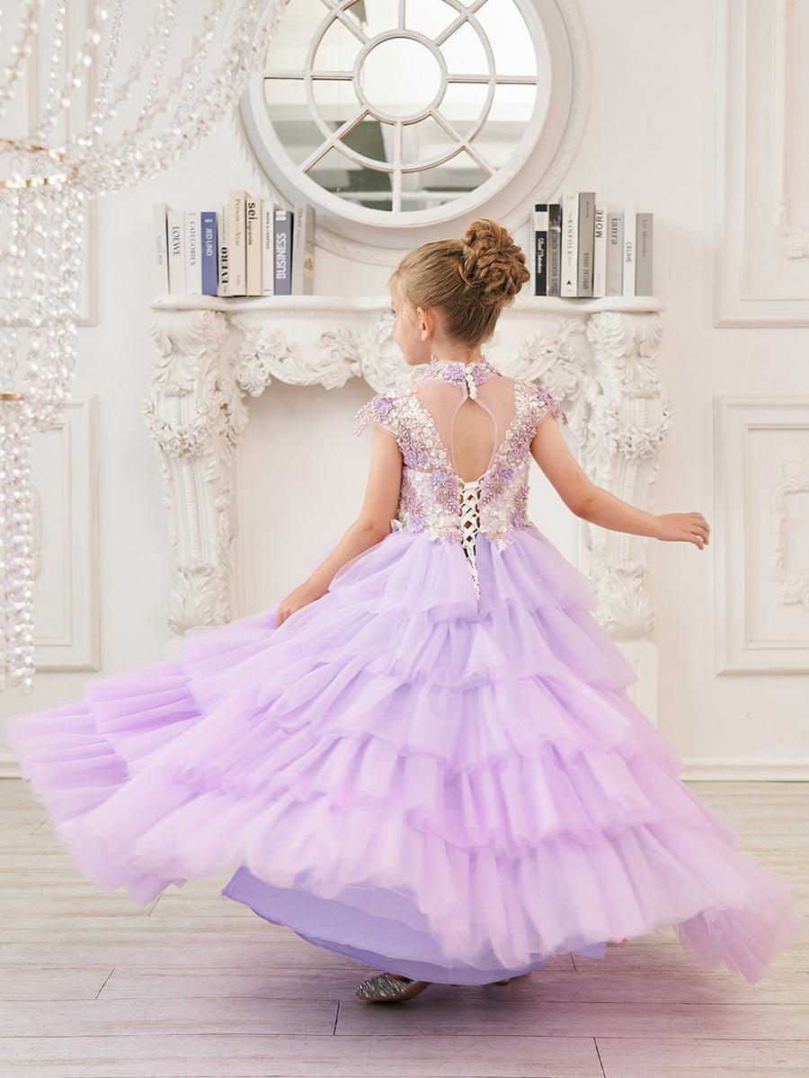 Lila Prinzessinnen-Ballkleid aus Tüll mit Blumenapplikationen und Perlen für Mädchen 