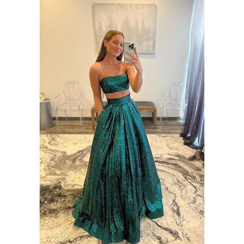 Vestido de fiesta largo de corte A con lentejuelas y sin tirantes