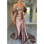 Sheath/Column Off-Shoulder Satin Ruched Long Prom Evening Formal Dress