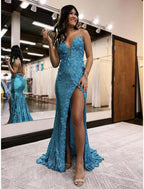 Vestidos de fiesta de sirena/trompeta, brillantes y con brillo, formales, para bodas, con cola larga/cepillo, sin mangas, escote en V, con lentejuelas y espalda descubierta con apliques de lentejuelas.