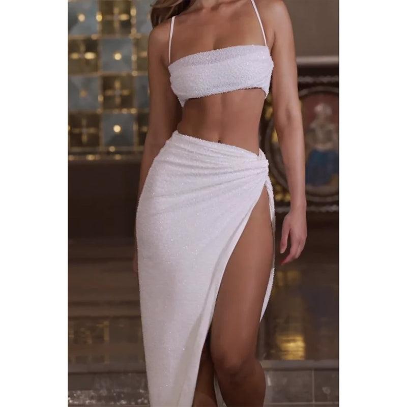 Vestido de fiesta de graduación de dos piezas con tirantes finos, pliegues y abertura alta sexy 