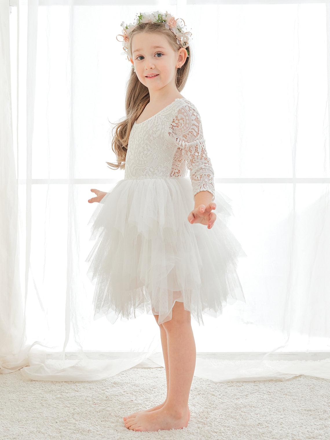 Vestido blanco de tul con encaje hasta la rodilla (2003227580) 