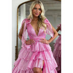 Elegantes, ärmelloses Party-Ballkleid mit V-Ausschnitt, Seitenschlitz und Rüschen