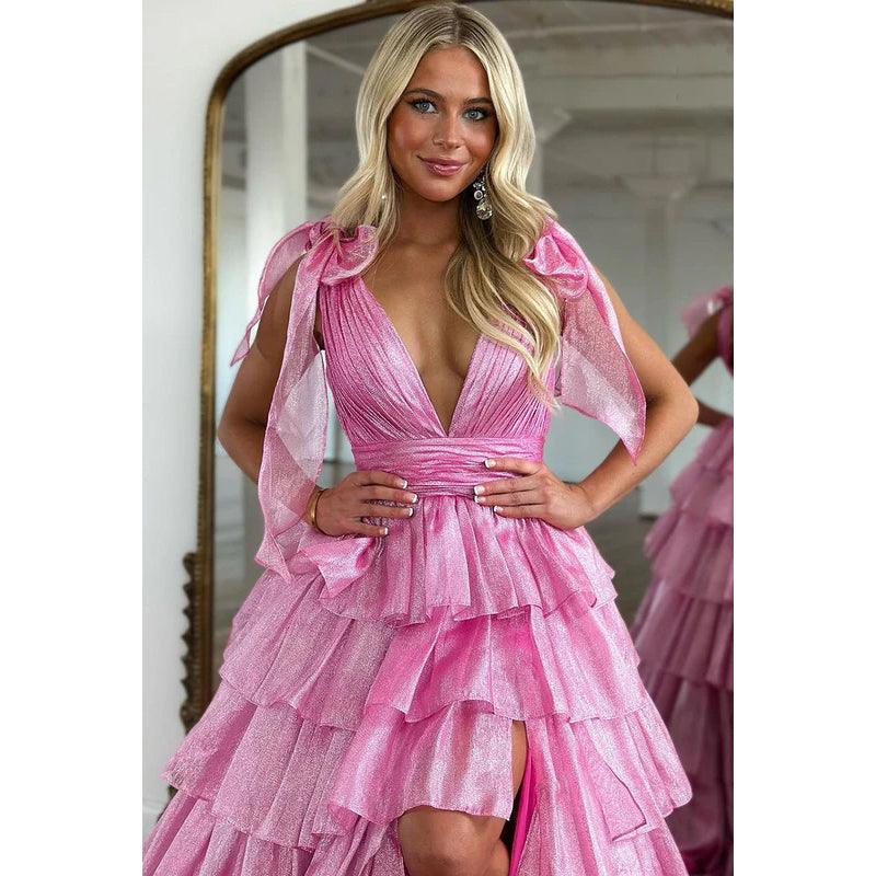Elegantes, ärmelloses Party-Ballkleid mit V-Ausschnitt, Seitenschlitz und Rüschen