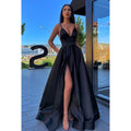 Vestido de noche largo de satén con tirantes finos y escote en V para graduación
