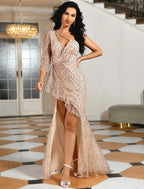 Vestido de noche de sirena/trompeta, sexy, para fiesta de boda, con cola larga, escote en V, charmeuse con abertura de perlas