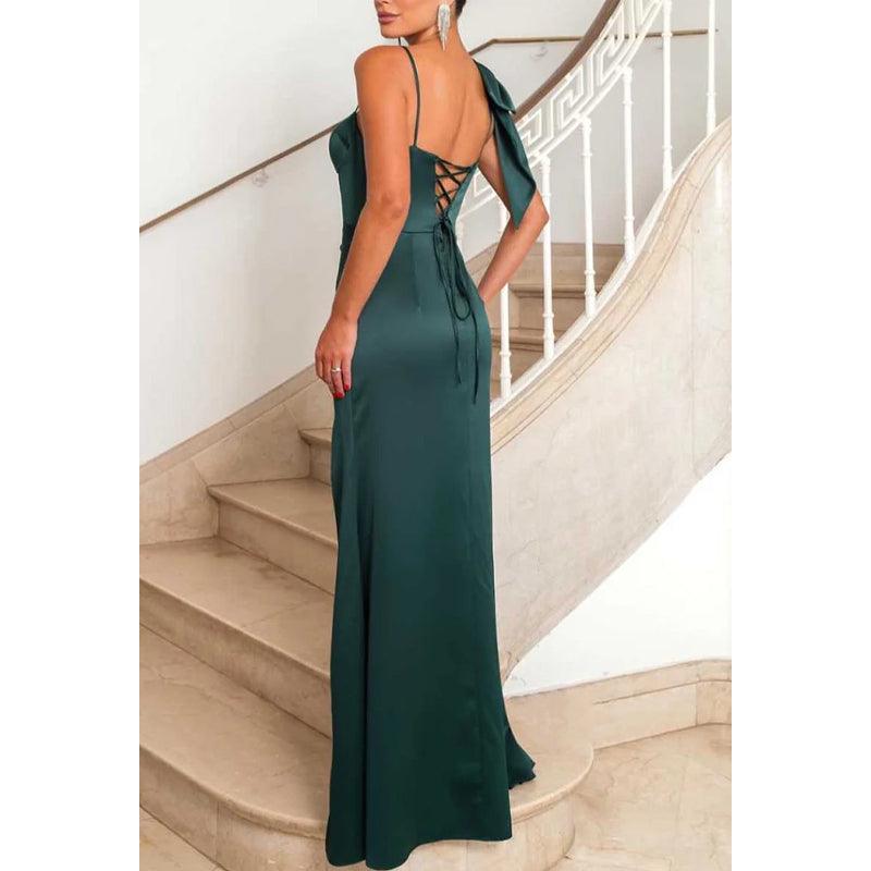Vestido de noche de satén con escote en forma de corazón, tirantes finos y abertura lateral para fiesta de graduación 