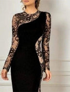 Vestido de sirena/trompeta para madre de la novia, elegante, para fiesta de invitados a bodas de otoño, cuello joya, largo hasta el suelo, encaje, terciopelo, manga larga, sin mangas, con apliques, bloque de color