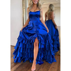 Vestido de noche para fiesta, graduación, corte A, con tirantes finos, capas y abertura lateral 