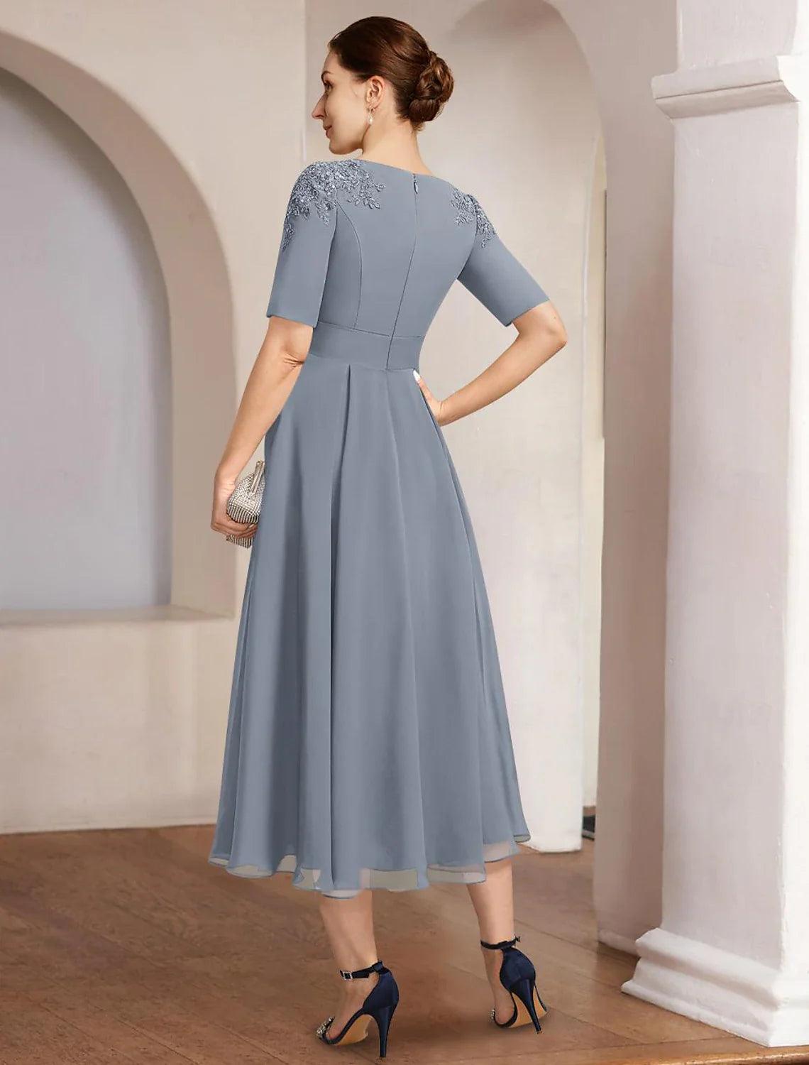 Mother of the Bride Dress Elegant Neck Length Chiffon Half Sleeve with Lace